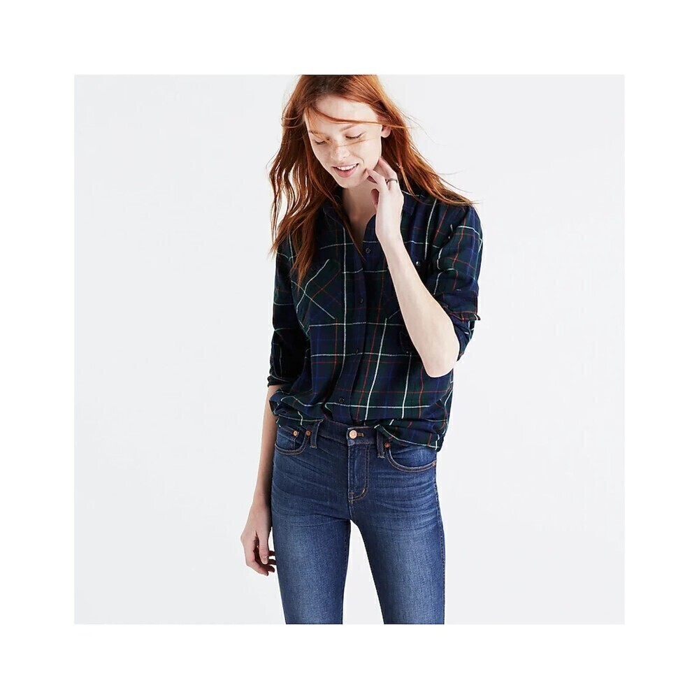MADEWELL Women's Green Red Plaid Flannel Ex-Boyfriend Button Up Shirt Size Small